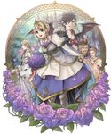  3boys armor armored_boots boots bouquet braid brass_knuckles buckle cape castle crown dress elf facial_hair fairy flower hat hatake_michi multiple_boys multiple_girls original pointy_ears purple_flower purple_rose rose size_difference sword tiara weapon wings wolf 