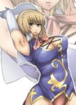  armpits blonde_hair breasts cassandra_alexandra cleavage elbow_gloves enoshima_iki error gloves green_eyes huge_breasts necktie pink_neckwear short_hair solo soulcalibur sweat zoom_layer 