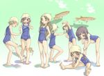  :p bad_id bad_pixiv_id bandaid bandaid_on_knee barefoot braid copyright_request feet fish flat_chest full_body hair_ornament hairclip laughing mogeta_(jirotama88) multiple_girls one-piece_swimsuit school_swimsuit sitting standing stretch swim_cap swimsuit tongue tongue_out twin_braids 