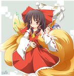  animal_ears blonde_hair blush fox_tail hakurei_reimu kazami_karasu multiple_girls tail tail_rape touhou translated yakumo_ran 