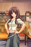  akibakei_kanojo bare_shoulders blue_eyes brown_hair game_cg hands_on_hips long_hair midriff misaki_renka sano_toshihide solo 