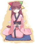  95-tan brown_hair closed_eyes cup half_updo japanese_clothes kimono long_hair os-tan seiza sitting solo takayaki tea 