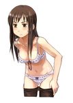  amagai_tarou bare_shoulders blush bra breasts brown_eyes brown_hair cleavage large_breasts leaning_forward lingerie long_hair navel original panties pantyhose pantyhose_pull solo strap_gap sweat underwear underwear_only undressing 