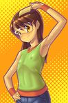  armpits blush brown_eyes brown_hair dennou_coil flat_chest glasses hair_ornament hairclip hand_on_hip hashimoto_fumie kink long_hair ribs see-through shirt sleeveless sleeveless_shirt smile solo tight 