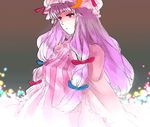  blue_bow bow crescent dress frills hair_bow half-closed_eyes hat long_hair long_sleeves magic mob_cap multi-tied_hair patchouli_knowledge pink_dress purple_eyes purple_hair red_bow solo touhou upper_body very_long_hair yukizen 