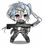  ahoge animated animated_gif ash-12.7 ash-12.7_(girls_frontline) blue_hair boots chibi covered_mouth girls_frontline gun hair_ornament jacket lowres open_clothes open_jacket purple_eyes saru thigh_boots thighhighs victory_pose weapon wiping_face 