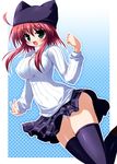  animal_ears blue_background cat_ears copyright_request green_eyes impossible_clothes impossible_sweater polka_dot polka_dot_background red_hair solo sweater takeponi thighhighs zettai_ryouiki 