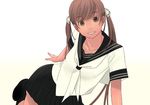  black_skirt brown_eyes brown_hair collarbone copyright_request head_tilt kiriman_(souldeep) looking_at_viewer sailor_collar school_uniform serafuku shirt sitting skirt sleeve_cuffs solo twintails white_shirt yokozuwari 