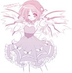  adapted_costume animal_ears dress fingernails hat microphone monochrome mystia_lorelei one_eye_closed short_hair solo touhou wings yamu_(reverse_noise) 