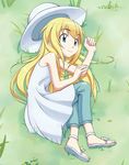  blonde_hair blue_eyes c-lop dress hat kate_(sketchbook_full_colors) long_hair nature sandals sketchbook_full_colors smile solo 