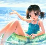  bare_shoulders barefoot bikini brown_eyes brown_hair child copyright_request flat_chest goto_p hands innertube midriff navel ocean partially_submerged solo splashing swimsuit tankini twintails water 