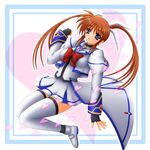  bow clenched_hand fingerless_gloves gloves heart lyrical_nanoha magical_girl mahou_shoujo_lyrical_nanoha_strikers purple_eyes red_bow red_hair solo takamachi_nanoha thighhighs twintails waist_cape yamaguchi_ugou 