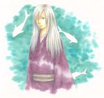  artist_request blue_eyes fish japanese_clothes long_hair mushishi nui_(mushishi) one_eye_closed silver_hair solo 