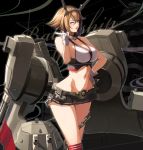  1girl black_skirt breasts brown_hair cannon chains flipped_hair from_side green_hair hand_on_hip headgear kantai_collection large_breasts looking_at_viewer metal_belt midriff mutsu_(battleship) mutsu_(kantai_collection) navel one_eye_closed pleated_skirt red_legwear rigging short_hair skirt smokestack solo standing striped striped_legwear striped_skirt thighhighs turret upper_body wide_hips yashiro_(silver_will) 