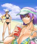  ayane_(doa) bad_id bad_pixiv_id ball beach bikini breasts christie_(doa) cleavage day dead_or_alive drinking_straw ibanen large_breasts multiple_girls outdoors purple_hair red_eyes sunglasses swimsuit volleyball white_hair 