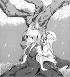  aogi bad_id bad_pixiv_id breasts closed_eyes dress ex-keine fujiwara_no_mokou greyscale hand_in_pocket horn_ribbon horns kamishirasawa_keine large_breasts long_hair monochrome multiple_girls outdoors petals puffy_short_sleeves puffy_sleeves ribbon short_sleeves sitting suspenders touhou tree 