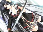  artist_request black_hair black_legwear blue_eyes breasts cleavage kurugaya_yuiko little_busters! long_hair medium_breasts school_uniform solo sword thighhighs weapon 