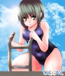  bad_id bad_pixiv_id brown_eyes chako_nejio cloud copyright_request curvy day green_hair leaning_forward looking_at_viewer one-piece_swimsuit outdoors pool pool_ladder poolside school_swimsuit short_hair sky solo swimsuit wet 