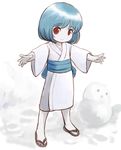  blue_hair collarbone copyright_request full_body geta heika_(heikahp) japanese_clothes kimono looking_at_viewer outstretched_arm red_eyes sandals sash short_hair solo white_skin 