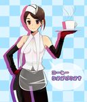  brown_eyes brown_hair copyright_request elbow_gloves gloves hat madara_sai short_hair smile solo translated waitress 