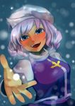  bad_id bad_pixiv_id blue_eyes blush hat letty_whiterock looking_at_viewer mame_usagi purple_hair short_hair smile snow solo touhou 