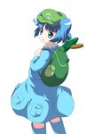 aqua_eyes backpack bag blue_hair boots cattail cucumber gahiro hat kawashiro_nitori looking_back plant pocket rubber_boots simple_background solo touhou two_side_up 