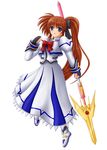  bow fingerless_gloves gloves lyrical_nanoha magical_girl mahou_shoujo_lyrical_nanoha_strikers purple_eyes raising_heart red_bow red_hair side_ponytail solo takamachi_nanoha yamaguchi_ugou 