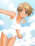  armpits bad_id bad_pixiv_id blush breasts brown_hair cloud collarbone dark_skin day expressionless green_eyes hands medium_breasts one-piece_swimsuit original school_swimsuit short_hair shoumaru_(gadget_box) sky slender solo swimsuit tan thigh_gap 