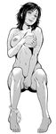  :p :q bad_id bad_pixiv_id barefoot blush breast_hold breasts copyright_request covering face feet greyscale hands highres huge_breasts kishizuka_kenji licking_lips lips monochrome naughty_face nipples nude panties panties_around_one_leg screentones sitting solo sweat tongue tongue_out underwear 