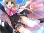  blue_eyes bow cape dog fangs game_cg little_busters! long_hair na-ga noumi_kudryavka panties pantyshot pink_bow plaid plaid_skirt school_uniform silver_hair skirt solo strelka thighhighs underwear white_legwear 