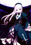  albino bangs chinchickrin cross_print dagger dress flower frills hairband holding holding_weapon lipstick long_hair long_sleeves looking_at_viewer makeup moon night red_eyes rose rozen_maiden solo suigintou weapon white_hair wings 