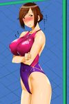  blush breast_rest breasts brown_eyes brown_hair competition_swimsuit ganto hair_ornament hairclip highleg highleg_swimsuit huge_breasts kenkou_zenrakei_suieibu_umishou one-piece_swimsuit shizuoka_mirei short_hair solo swimsuit 