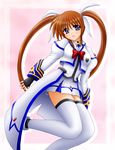  black_gloves blue_eyes blush bow bowtie brown_eyes dress fingerless_gloves gloves head_tilt leg_up long_sleeves looking_at_viewer lyrical_nanoha mahou_shoujo_lyrical_nanoha_strikers red_bow red_neckwear solo standing standing_on_one_leg takamachi_nanoha thighhighs twintails white_dress white_legwear yamaguchi_ugou zettai_ryouiki 