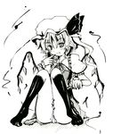  bangs blush flandre_scarlet greyscale hat hat_ribbon kneehighs looking_at_viewer mob_cap monochrome one_side_up pointy_ears puffy_short_sleeves puffy_sleeves ribbon short_sleeves simple_background sitting smile solo takaharu touhou white_background wings wrist_cuffs 