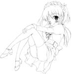  blush copyright_request greyscale maid monochrome nullken one_eye_closed simple_background smile solo thighhighs white_background 