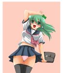  alternate_costume bad_id bad_pixiv_id bag bespectacled blush frog glasses green_hair kochiya_sanae long_hair panties pantyshot pink_panties pleated_skirt school_bag school_uniform serafuku skirt solo thighhighs touhou underwear upskirt yuuki_(ashitahare) 