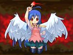  ahoge angel_wings azuki_akizuki blue_hair copyright_request long_hair magic red_eyes smile solo thighhighs wings zettai_ryouiki 