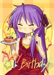  blush cake closed_eyes dress food fork hair_ribbon happy hiiragi_kagami kink long_hair lucky_star pastry purple_hair ribbon smile solo 