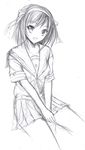  greyscale kita_high_school_uniform lowres medium_hair monochrome ryuushou school_uniform serafuku sketch smile solo suzumiya_haruhi suzumiya_haruhi_no_yuuutsu 