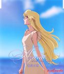  bare_shoulders blonde_hair blue_sky brown_eyes collarbone day deianeira from_side heroic_age highres hirai_hisashi horizon long_hair ocean outdoors profile sky solo text_focus water 