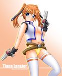  belt belt_buckle breasts buckle cleavage cowboy_shot cross_mirage dual_wielding gun holding looking_back lyrical_nanoha mahou_shoujo_lyrical_nanoha_strikers medium_breasts midriff navel no_bra open_clothes open_vest panties solo standing stomach teana_lanster thighhighs underwear vest weapon white_legwear yamaguchi_ugou yellow_panties 