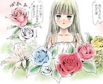  aqua_eyes bangs blonde_hair blue_flower blue_rose blush doll_joints flower hair_down long_hair pink_flower pink_rose red_flower red_rose rose rozen_maiden shinku solo toshi_hiroshi translation_request white_flower white_rose yellow_flower yellow_rose 