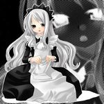  :o black_dress copyright_request dress full_body long_hair long_sleeves looking_at_viewer maid maid_headdress open_mouth sazaki_ichiri seiza sitting solo very_long_hair white_hair zoom_layer 