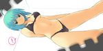  1girl ahoge aqua_hair arms_behind_back blue_eyes blurry bow bow_bra bra cameltoe depth_of_field dutch_angle groin lace lace-trimmed_bra lace-trimmed_panties lingerie navel nora_higuma original panties short_hair simple_background solo speech_bubble underwear underwear_only zipper 