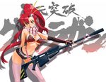  anti-materiel_rifle bikini_top breasts gun leaning_forward long_hair medium_breasts midriff mori_kotarou navel open_mouth pink_legwear ponytail red_hair rifle scarf short_shorts shorts sniper_rifle solo tengen_toppa_gurren_lagann thighhighs very_long_hair weapon yellow_eyes yoko_littner 