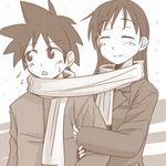  1girl artist_request brown kajiwara_ao kajiwara_sora lowres monochrome scarf shared_scarf sketchbook_full_colors 