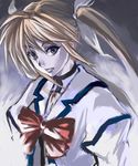  artist_request blonde_hair bow bowtie brown_eyes collarbone dress juliet_sleeves long_sleeves looking_at_viewer lyrical_nanoha mahou_shoujo_lyrical_nanoha_strikers puffy_long_sleeves puffy_sleeves red_bow red_neckwear solo takamachi_nanoha twintails uniform upper_body white_dress 