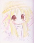  blonde_hair blush colored_pencil_(medium) face hat lowres moriya_suwako muuba portrait solo touhou traditional_media yellow_eyes 