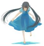  barefoot black_hair blue_dress closed_eyes dress full_body long_hair original see-through skirt_hold smile solo standing standing_on_one_leg twintails yuuryuu_nagare 