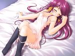  bare_shoulders bed bed_sheet blush chemise closed_eyes fujiwara_warawara game_cg hair_ribbon kneehighs kousaka_chika long_hair lying munekyun_heartful_cafe panties panty_pull pink_panties purple_hair ribbon sheet_grab socks solo strap_slip underwear 